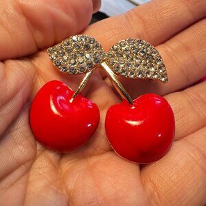 Cherry Brooch Rhinestone Leaves Red Enamel Fruit Pin ~1.75”